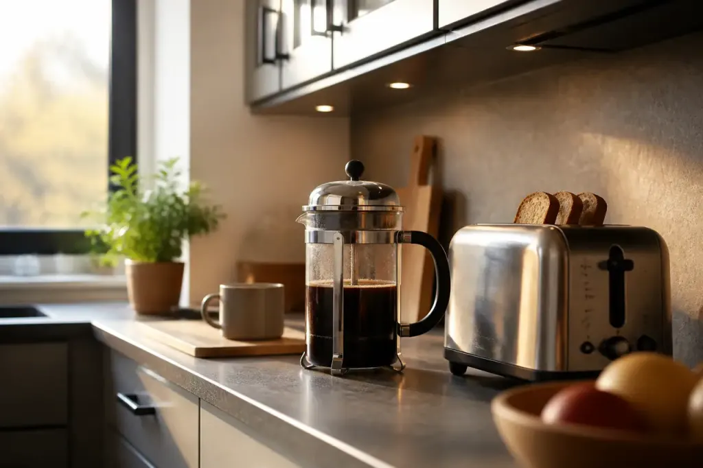 Cafetiere et grille-pain debranches sur plan de travail