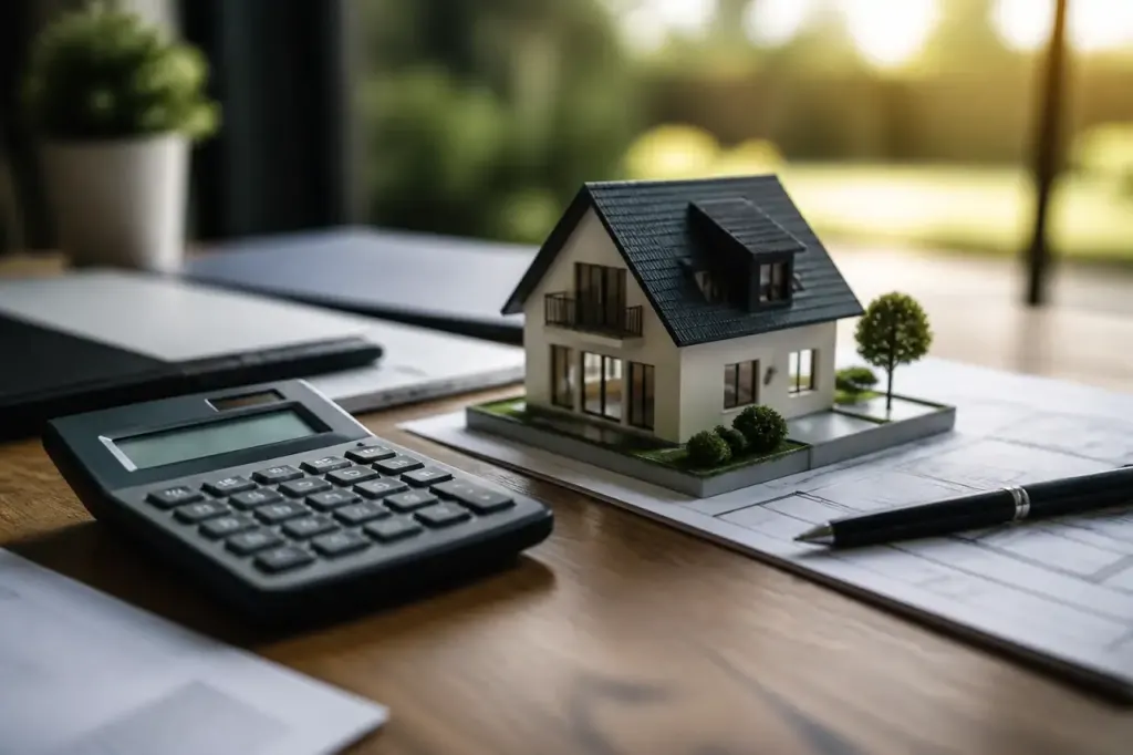 Calculatrice et maquette de maison sur un bureau
