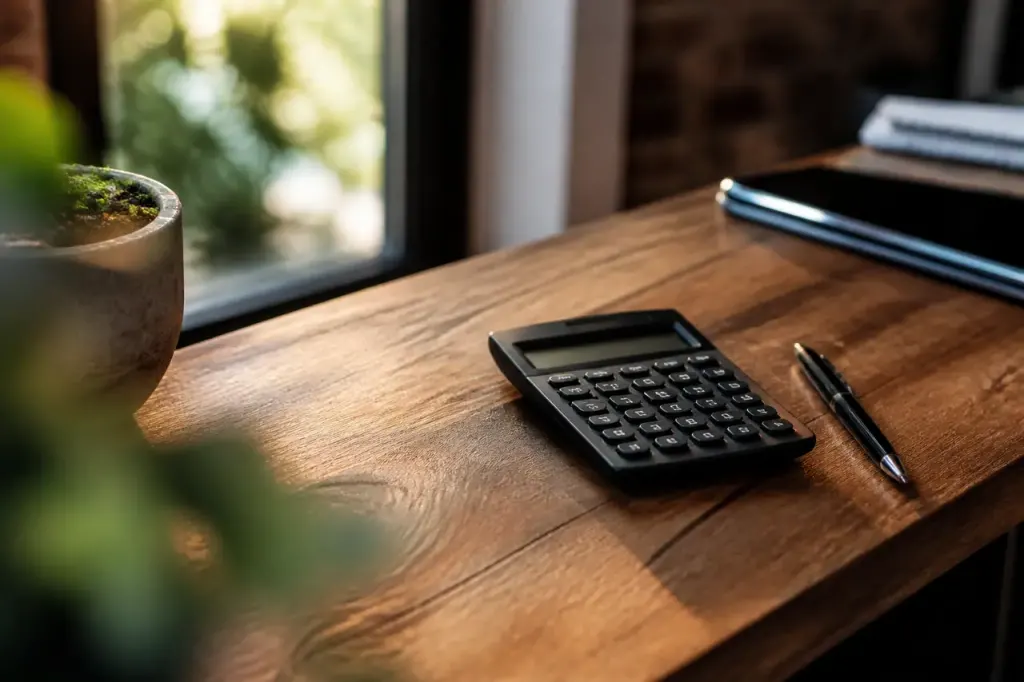 calculatrice et stylo poses sur bureau en bois