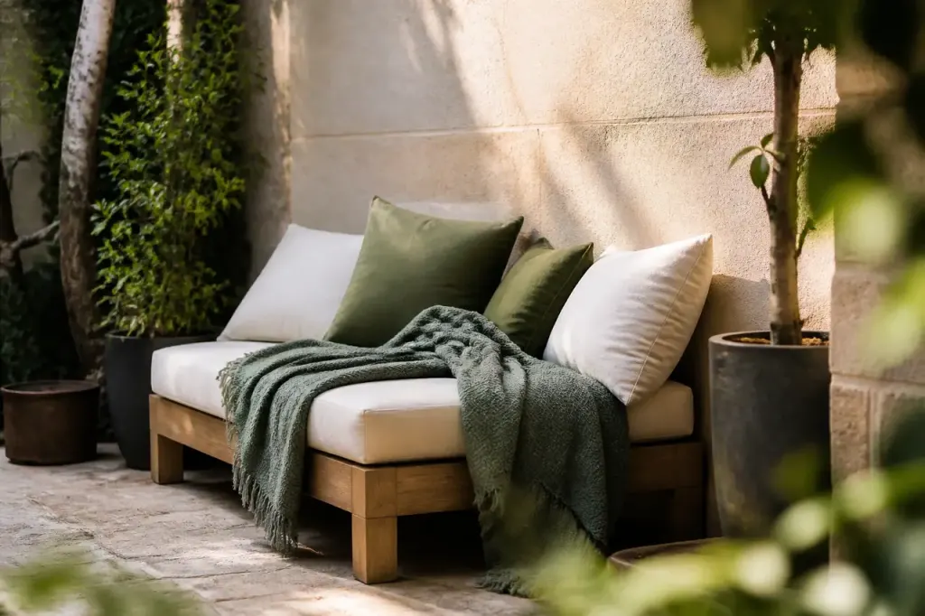 Canape colle contre un mur exterieur avec plaid