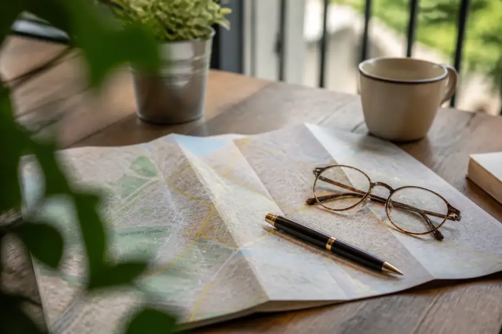 Carte de quartier ouverte avec stylo et lunettes