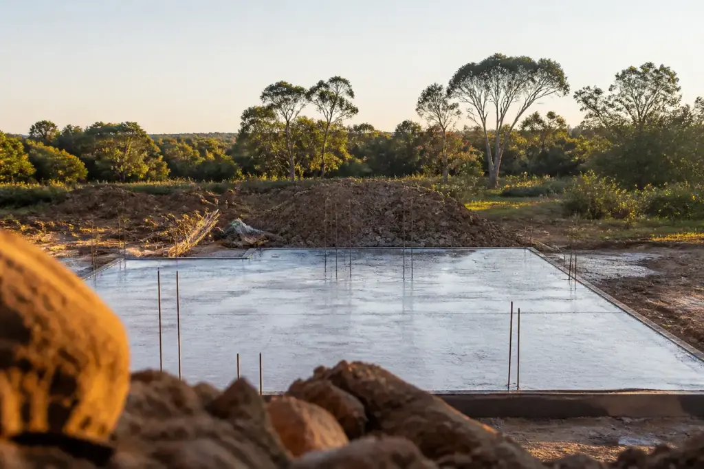 Chantier de maison avec dalle grise fraichement coulee