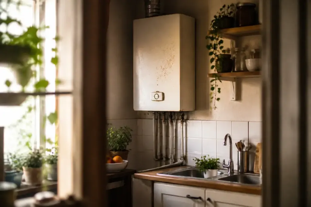Vieille chaudiere murale dans une cuisine avec thermostat