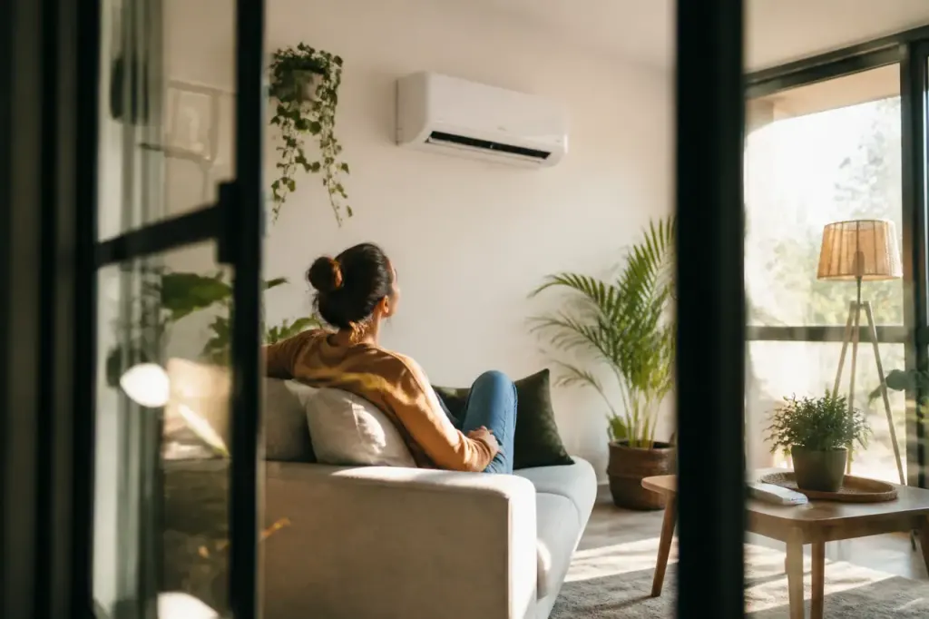 Climatiseur reversible fixe au mur dans un salon lumineux