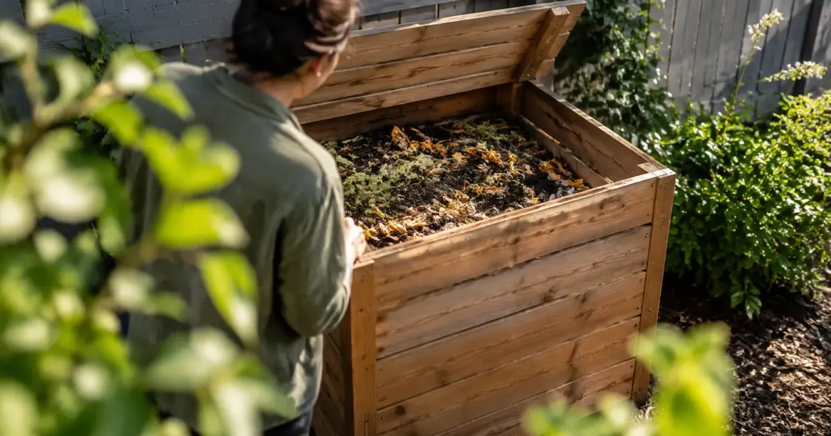 Composteur en bois contre une palissade grise de jardin