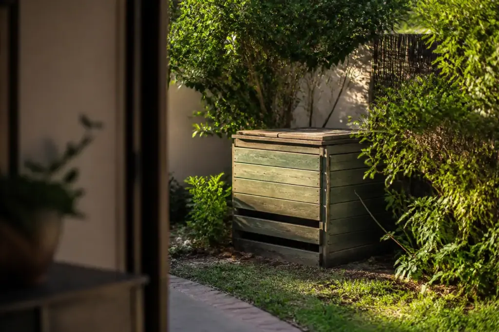 Composteur en bois vert au fond du jardin