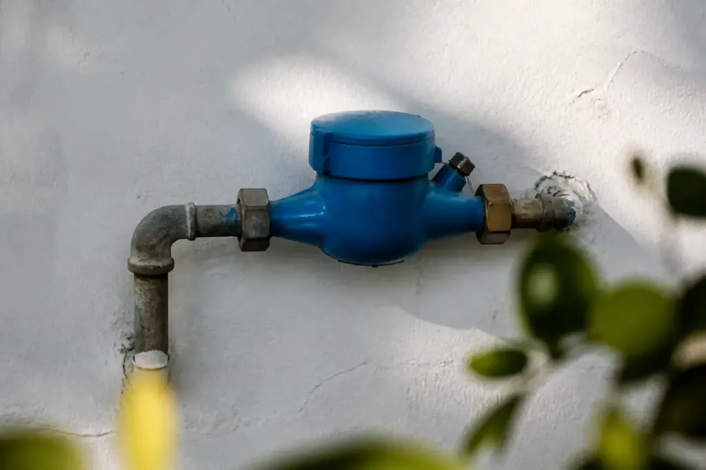 Compteur d'eau bleu fixe sur un mur blanc