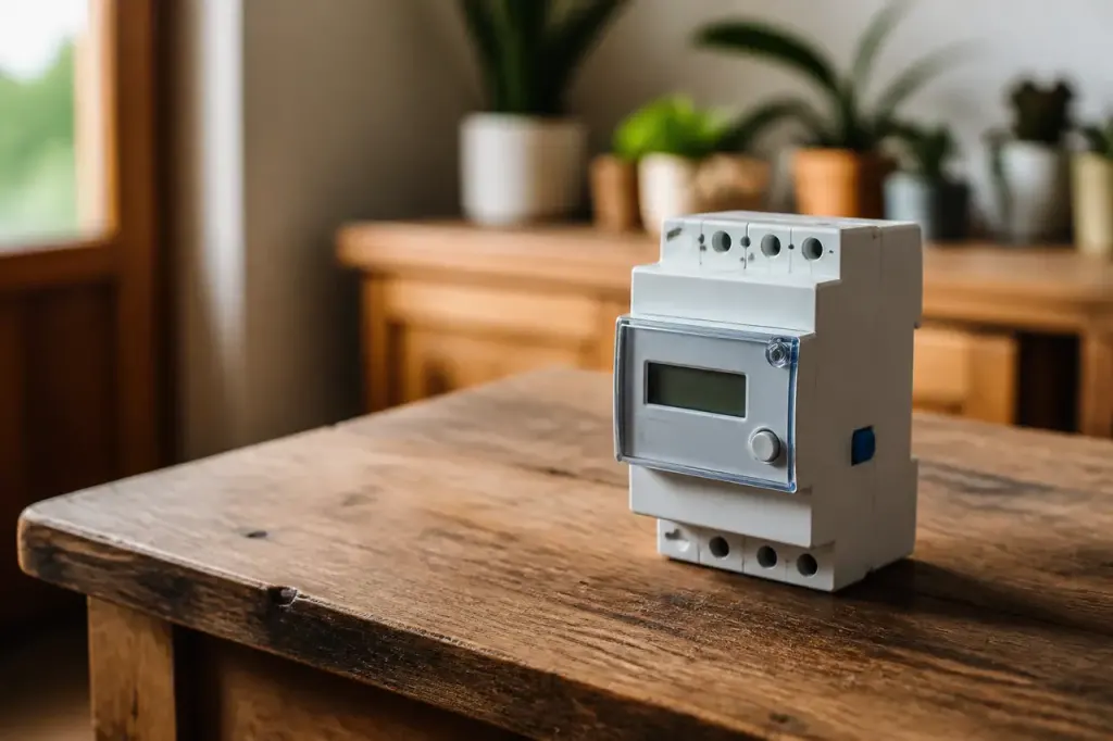 Compteur electrique place sur table en bois
