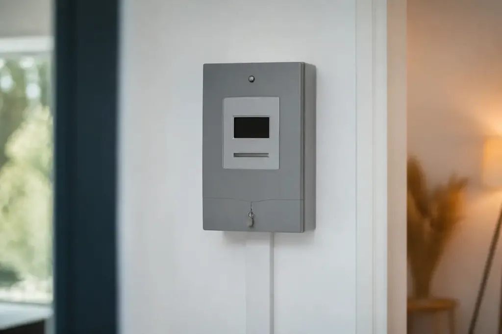 Compteur Linky gris fixe sur mur blanc