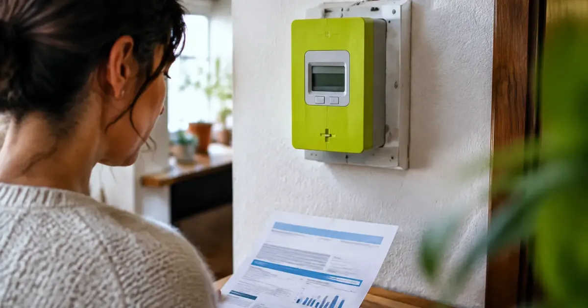 Compteur Linky fixe au mur, facture papier posee dessous