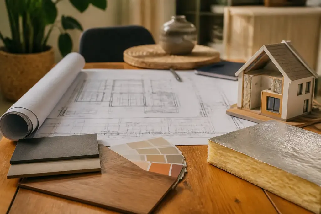 Conseiller renovation montrant des plans a un couple