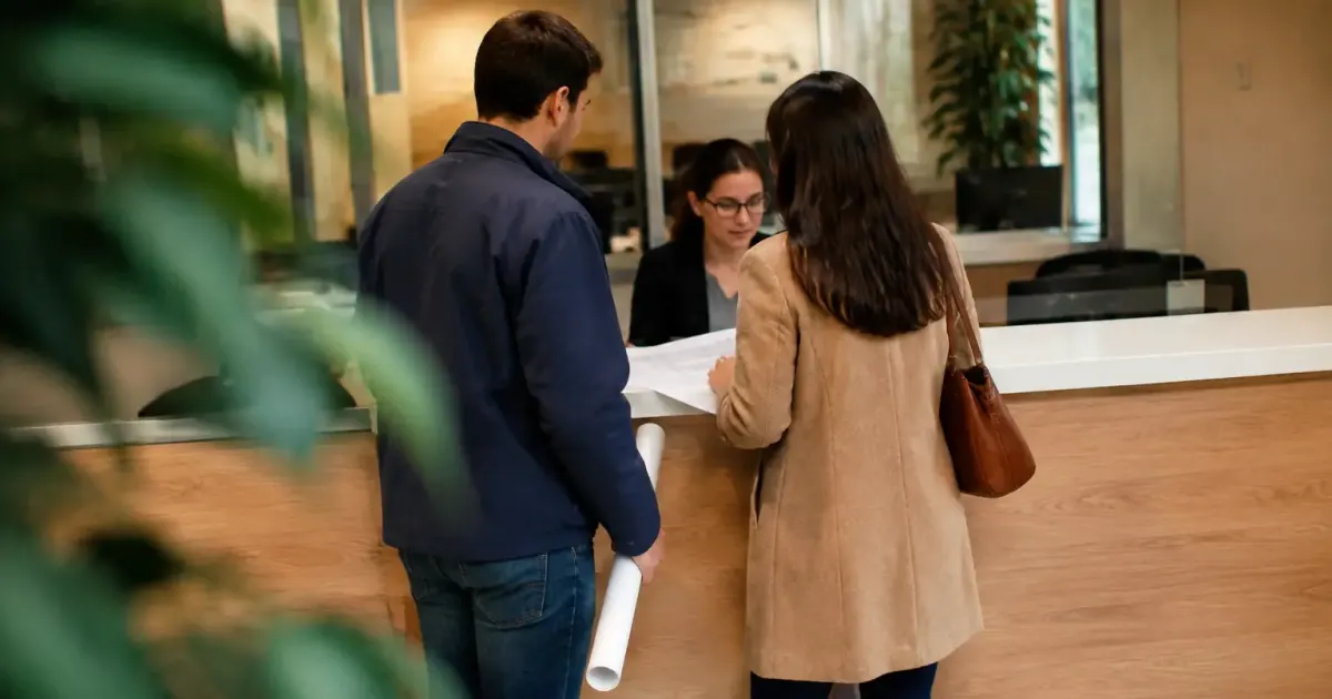 Couple debout devant un guichet administratif avec plans etales