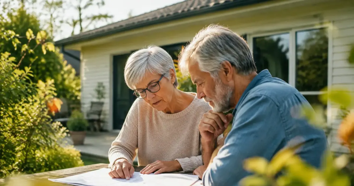 Couple senior assis examinant des feuilles devant leur pavillon