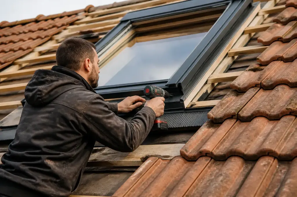 Couvreur fixant un chassis de toit sur tuiles