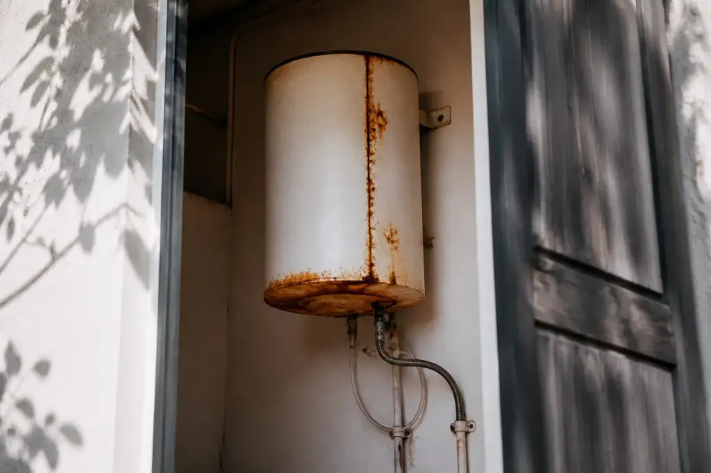 Cuve de chauffe-eau rouillee fixee sur un mur blanc