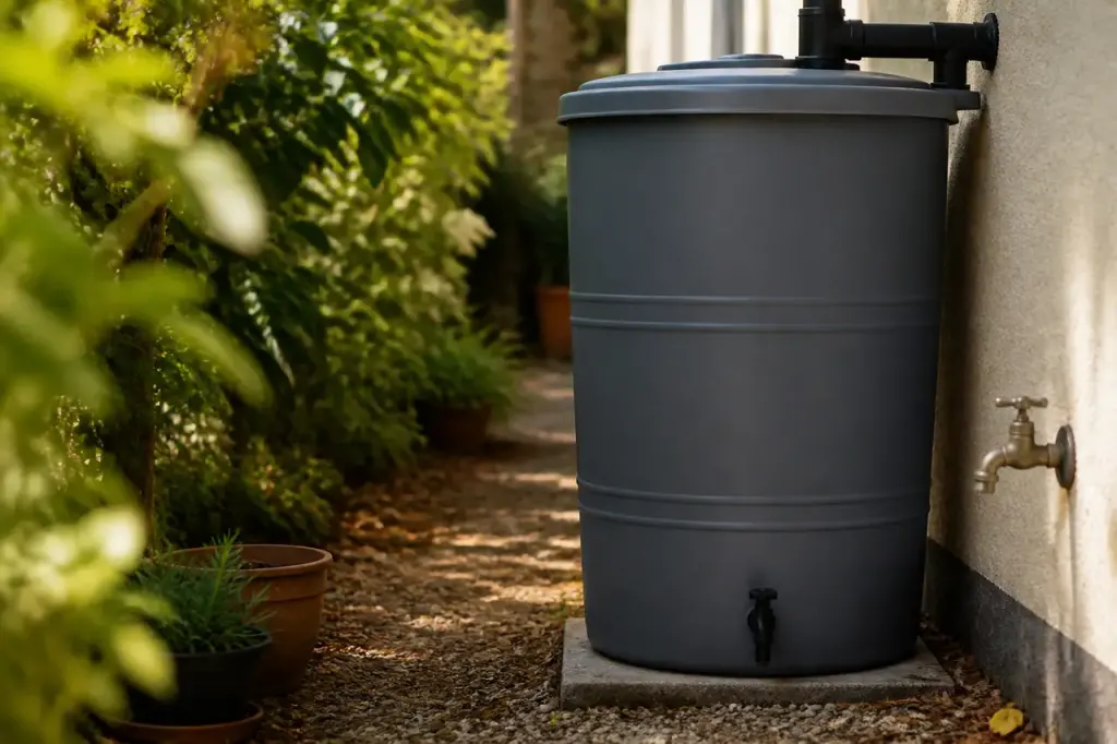 Cuve grise de pluie pres d un robinet