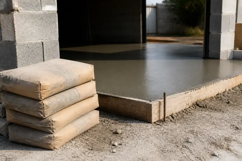 Dalle grise fraichement coulee avec sacs de ciment