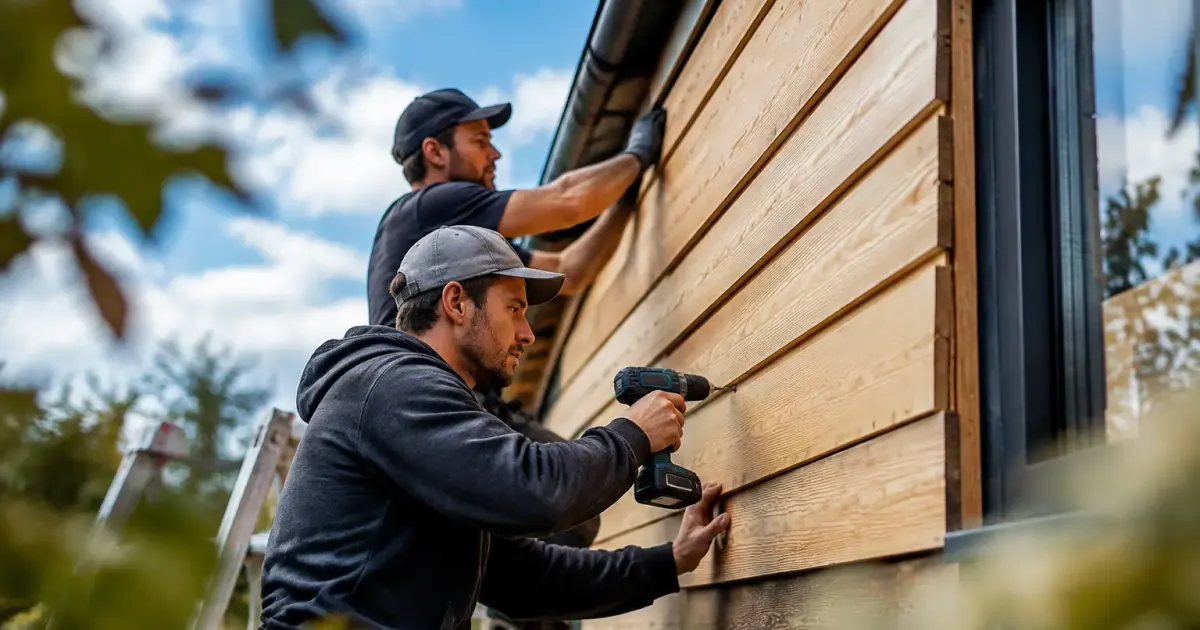 Deux ouvriers fixent des lames claires sur une facade