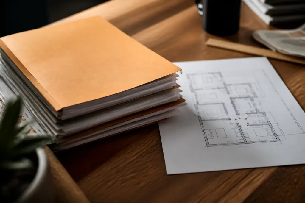 Dossier papier et plan de maison sur un bureau