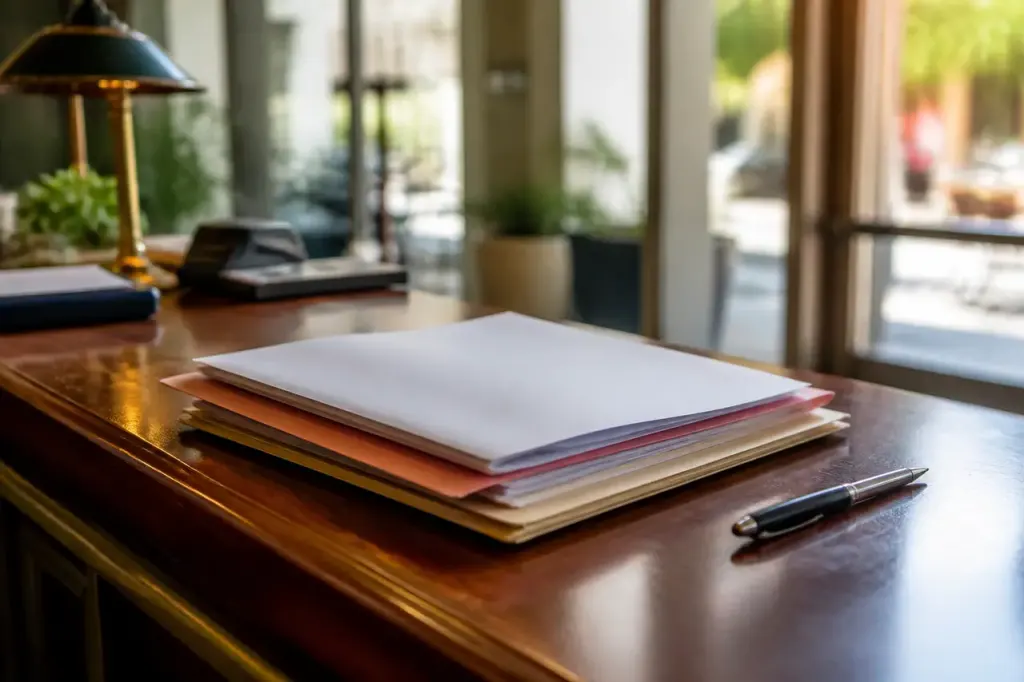 Dossier papier et stylo sur un comptoir de mairie
