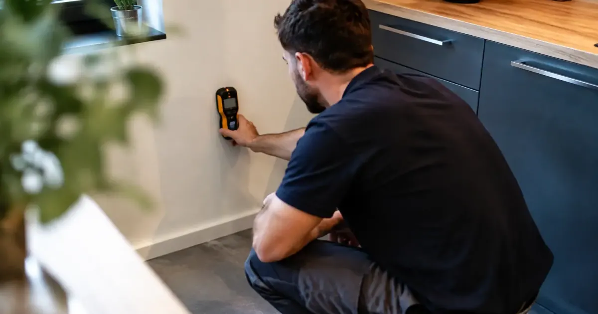 Electricien accroupi devant un mur de cuisine avec detecteur