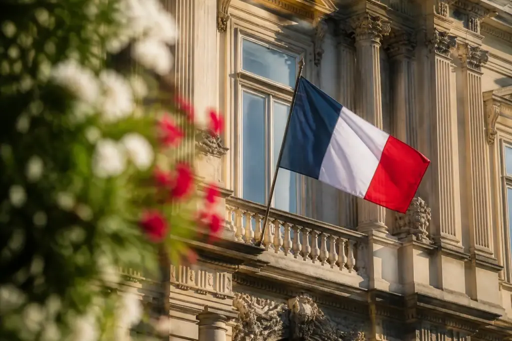 Facade hotel de ville avec drapeau tricolore au vent