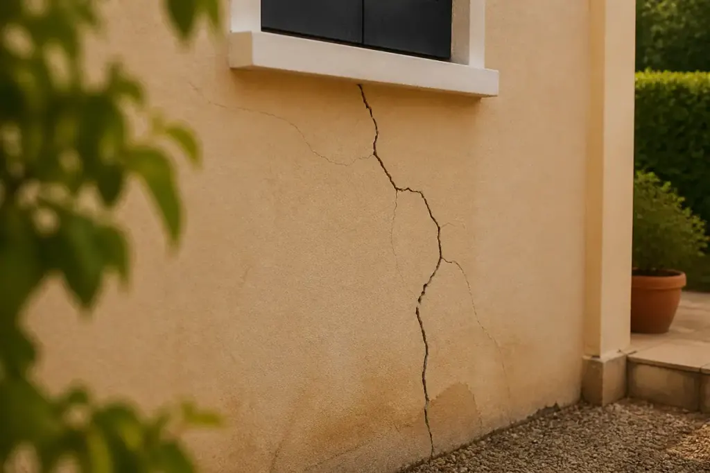 Facade de maison avec lezardes visibles sur mur beige