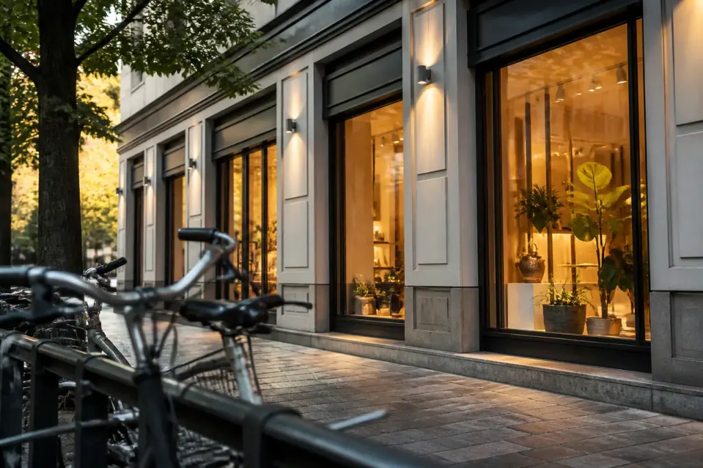 Facade renovee avec vitrines lumineuses et bicyclettes garees