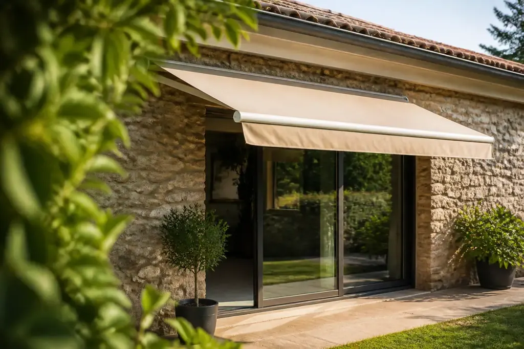 Facade sud d'une maison avec store beige deploye
