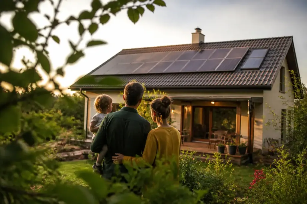 Famille devant un pavillon avec panneaux solaires