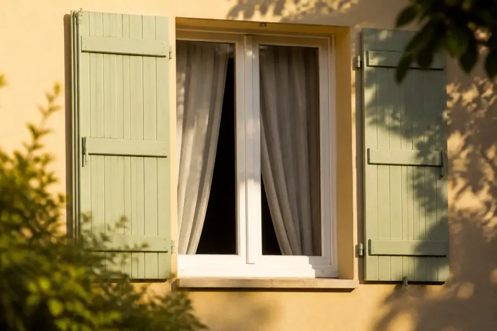 Fenetre avec volets fermes et rideaux ouverts au soleil