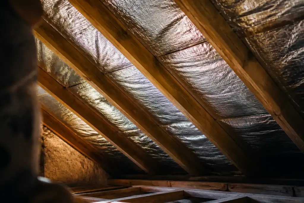 Feuille argentee tendue entre chevrons dans des combles sombres
