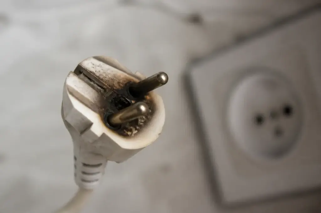 Fiche electrique aux broches noircies en gros plan