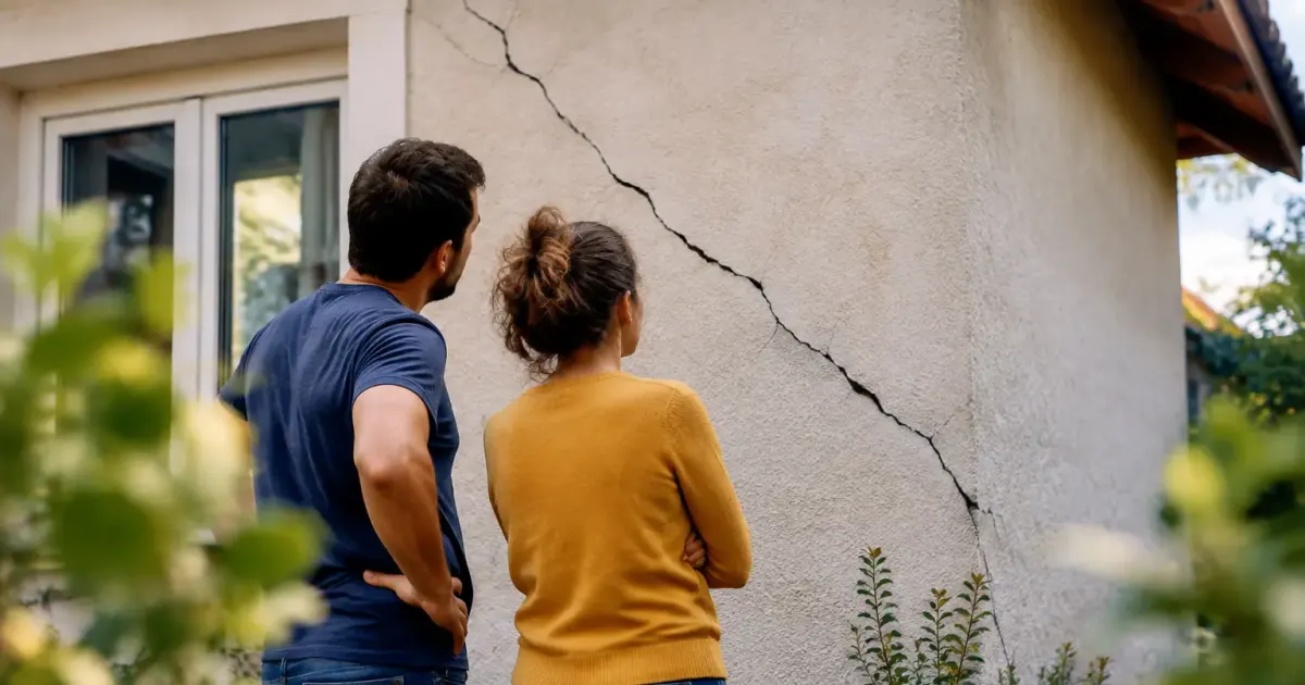 Fissure diagonale sur mur de maison, couple debout devant
