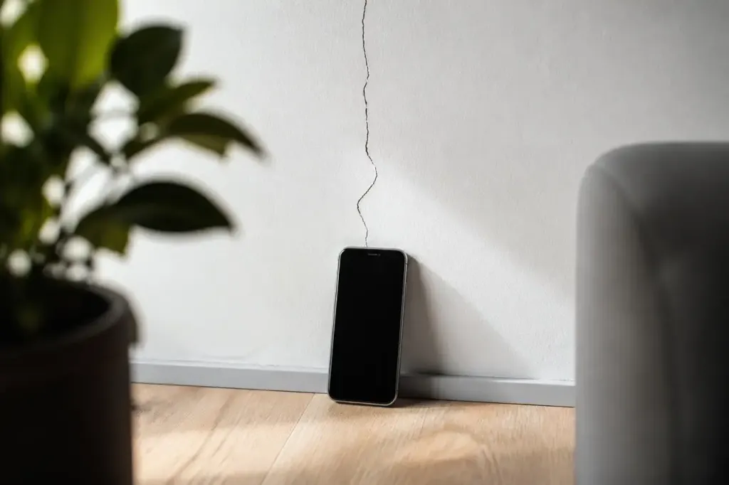 Mur blanc avec fissure verticale et smartphone pose devant