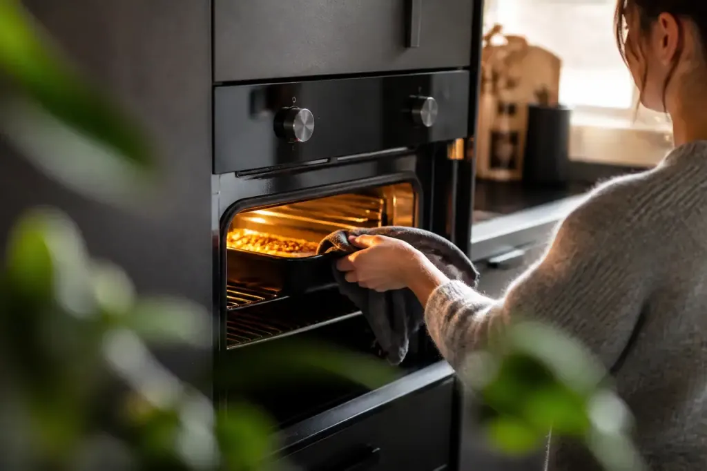 Four encastre noir dans une cuisine moderne