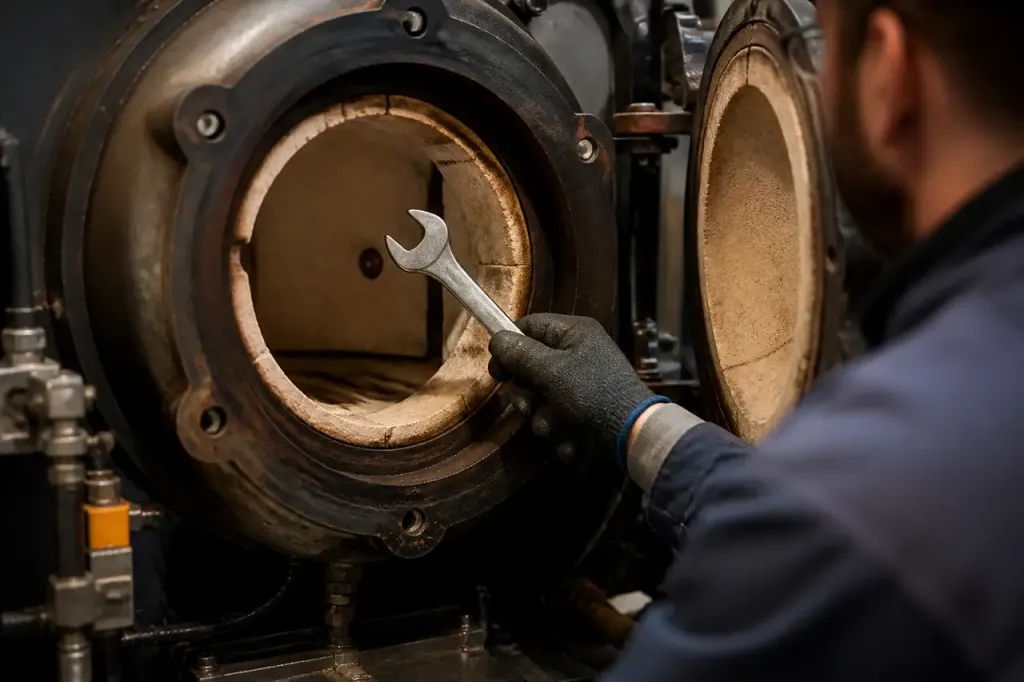 Four encastre ouvert avec un technicien tenant une cle