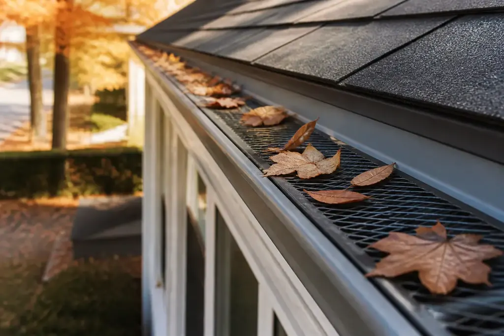 Gouttiere grise avec grille metallique retenant des feuilles mortes