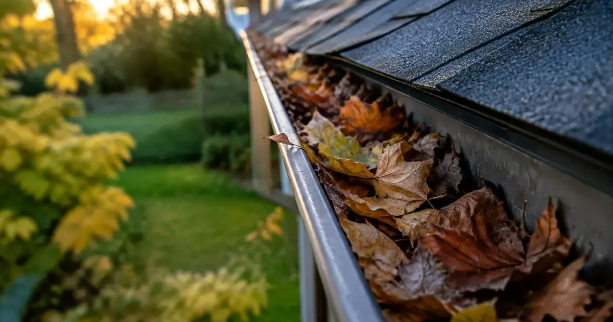 Gouttiere pleine de feuilles mortes en bordure de toit