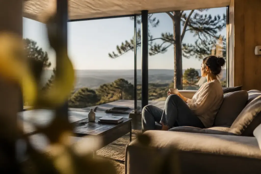Habitation en bois contemporaine avec grandes baies vitrees