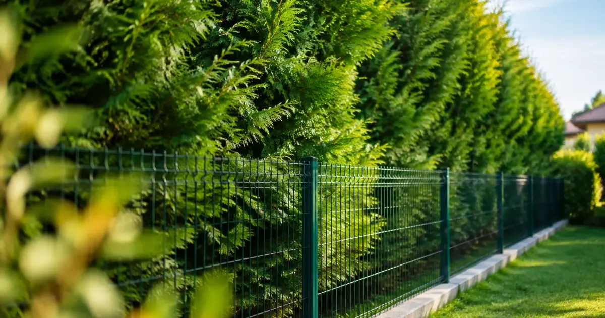 Haie de thuyas haute dominant une cloture grillagee