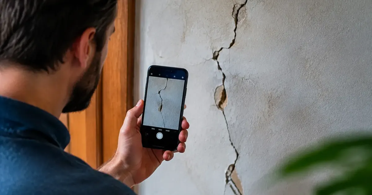 Homme debout photographie une fissure murale avec smartphone