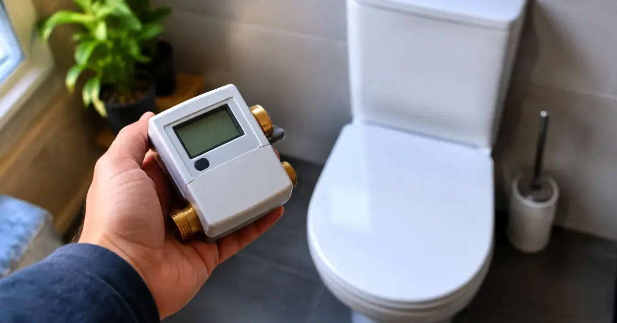 Homme debout tenant un compteur numerique pres WC
