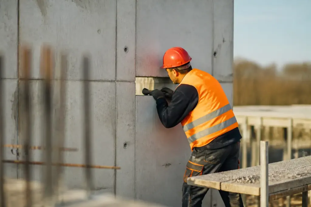 Homme en gilet orange ouvrant un regard beton