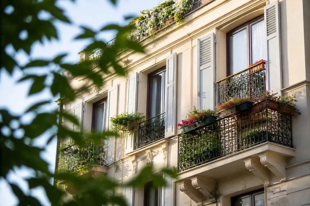 Immeuble renove aux facades claires et balcons fleuris