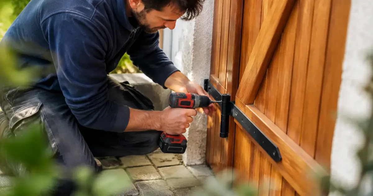 Installateur agenouille vissant une charniere sur un volet