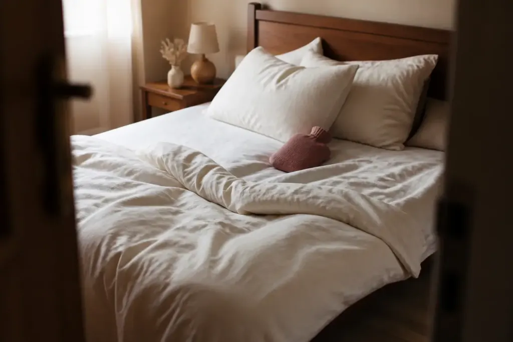 Lit fait avec couette, drap en coton et bouillotte