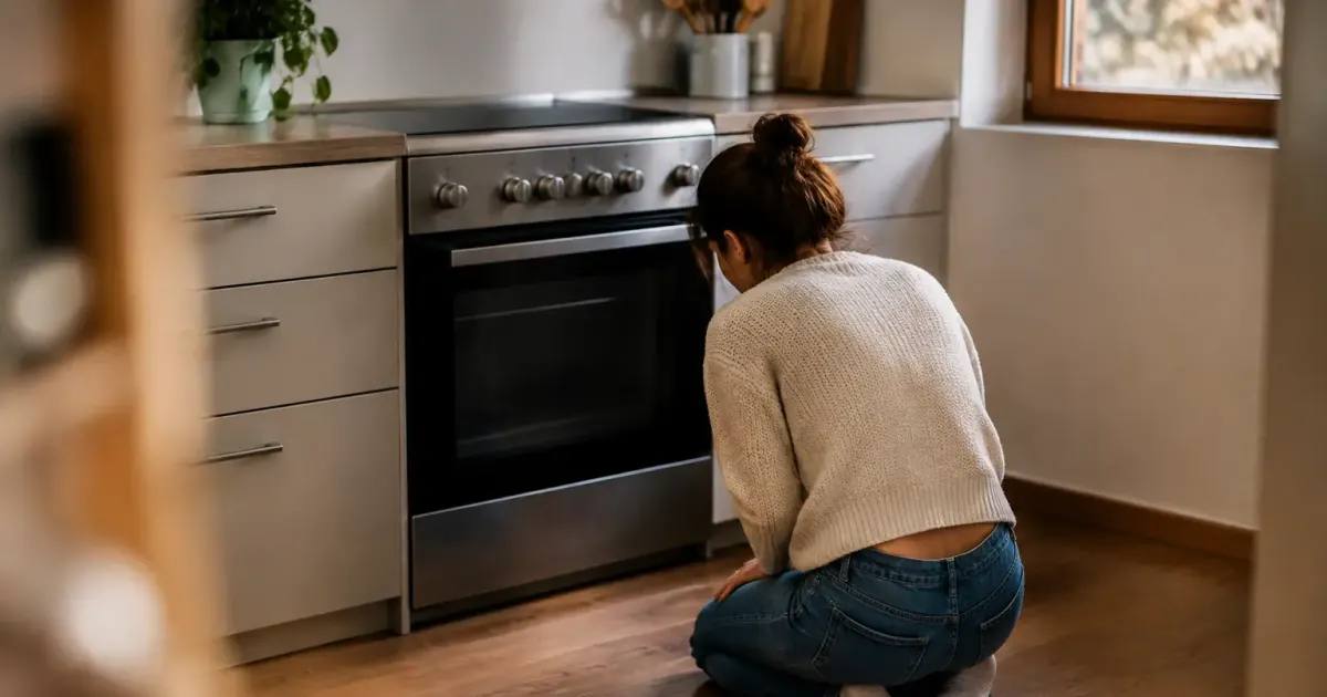 Locataire agenouille devant four en panne dans cuisine vide