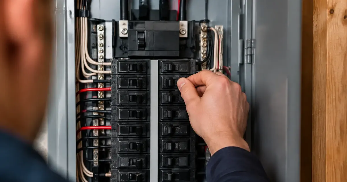 Main relevant un disjoncteur sur tableau electrique gris