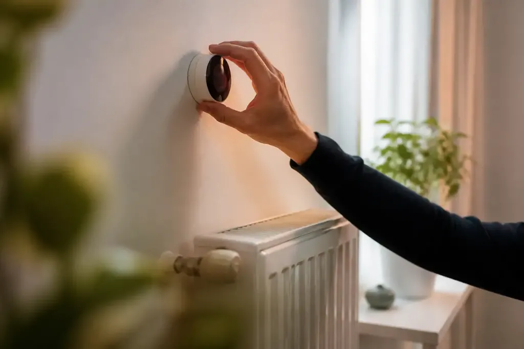 Main reglant un thermostat mural pres du radiateur